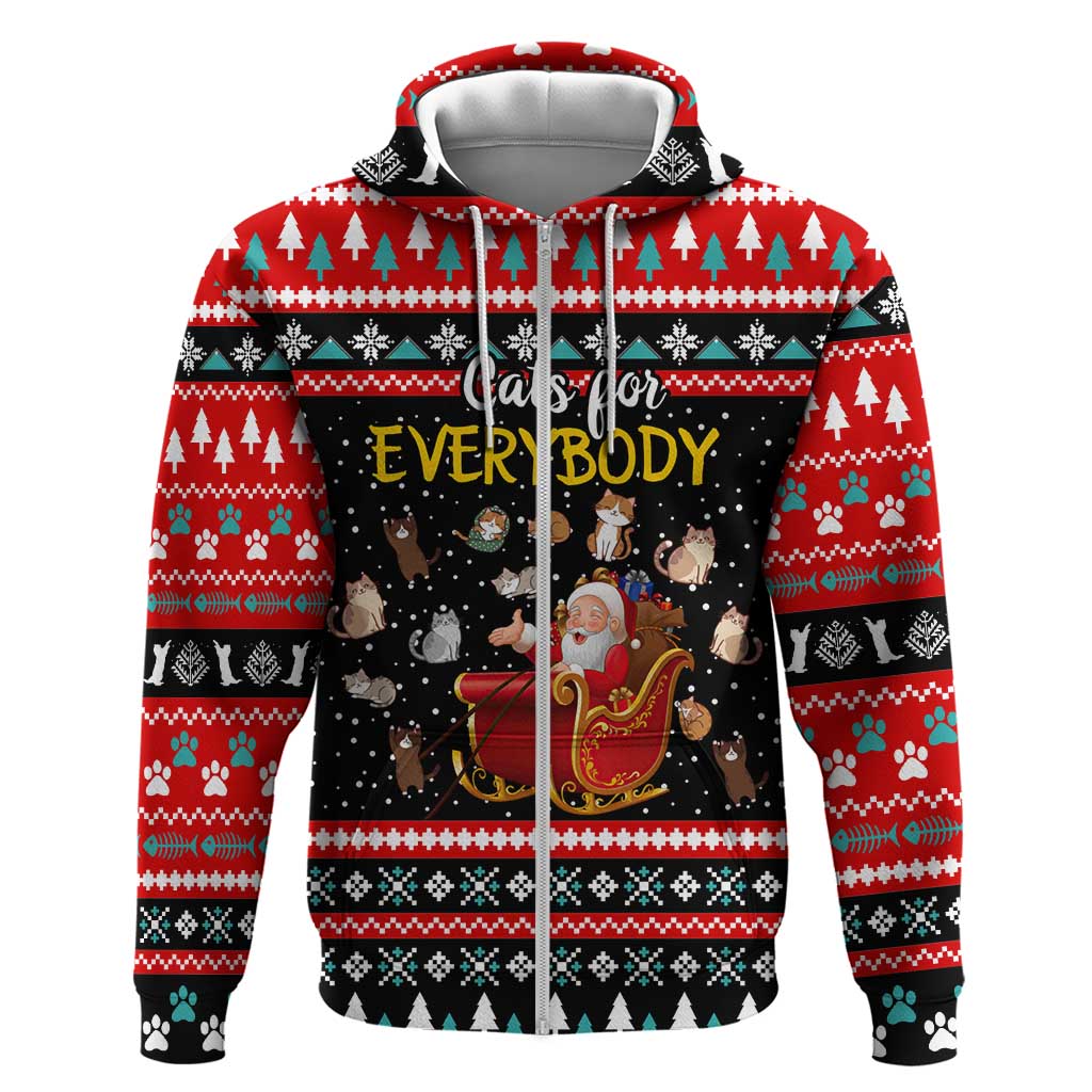 Funny Santa Zip Hoodie with Cats for Everybody Quote and Red Christmas Pattern - Wonder Print Shop