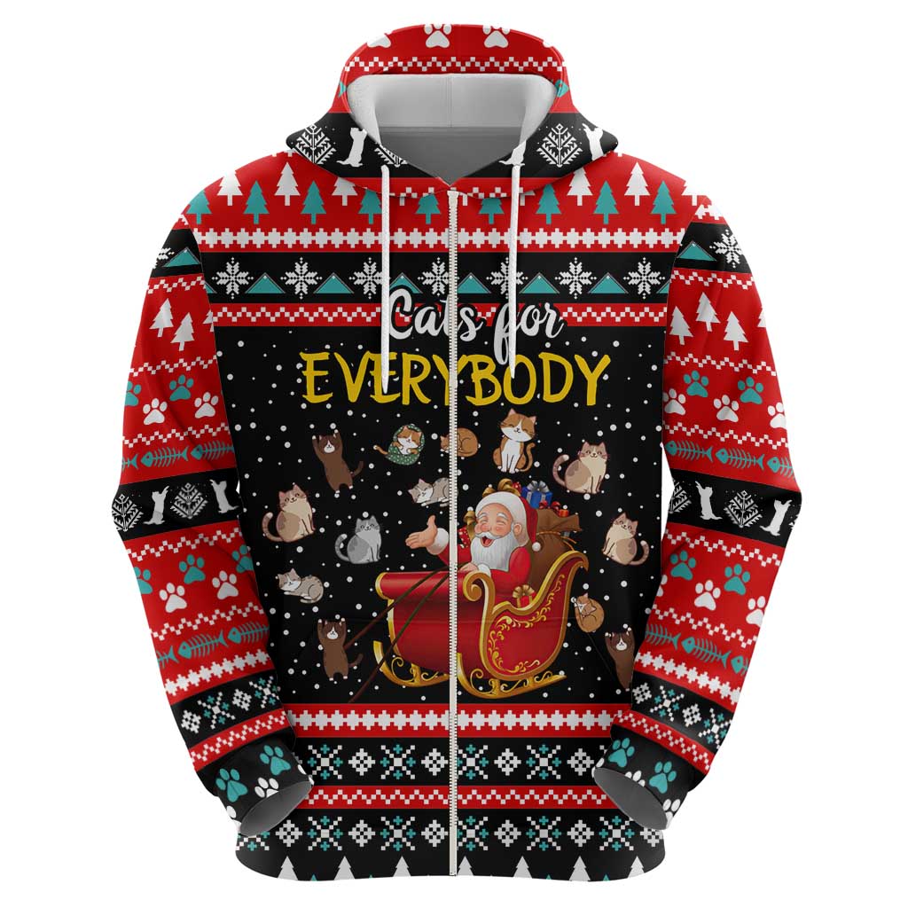 Funny Santa Zip Hoodie with Cats for Everybody Quote and Red Christmas Pattern - Wonder Print Shop