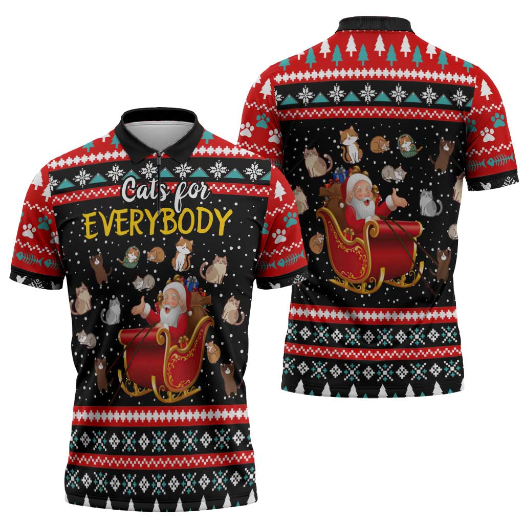 Funny Santa Zipper Polo Shirt with Cats for Everybody Quote and Red Christmas Pattern - Wonder Print Shop