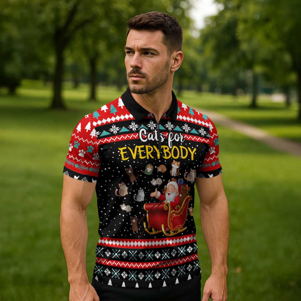 Funny Santa Zipper Polo Shirt with Cats for Everybody Quote and Red Christmas Pattern - Wonder Print Shop