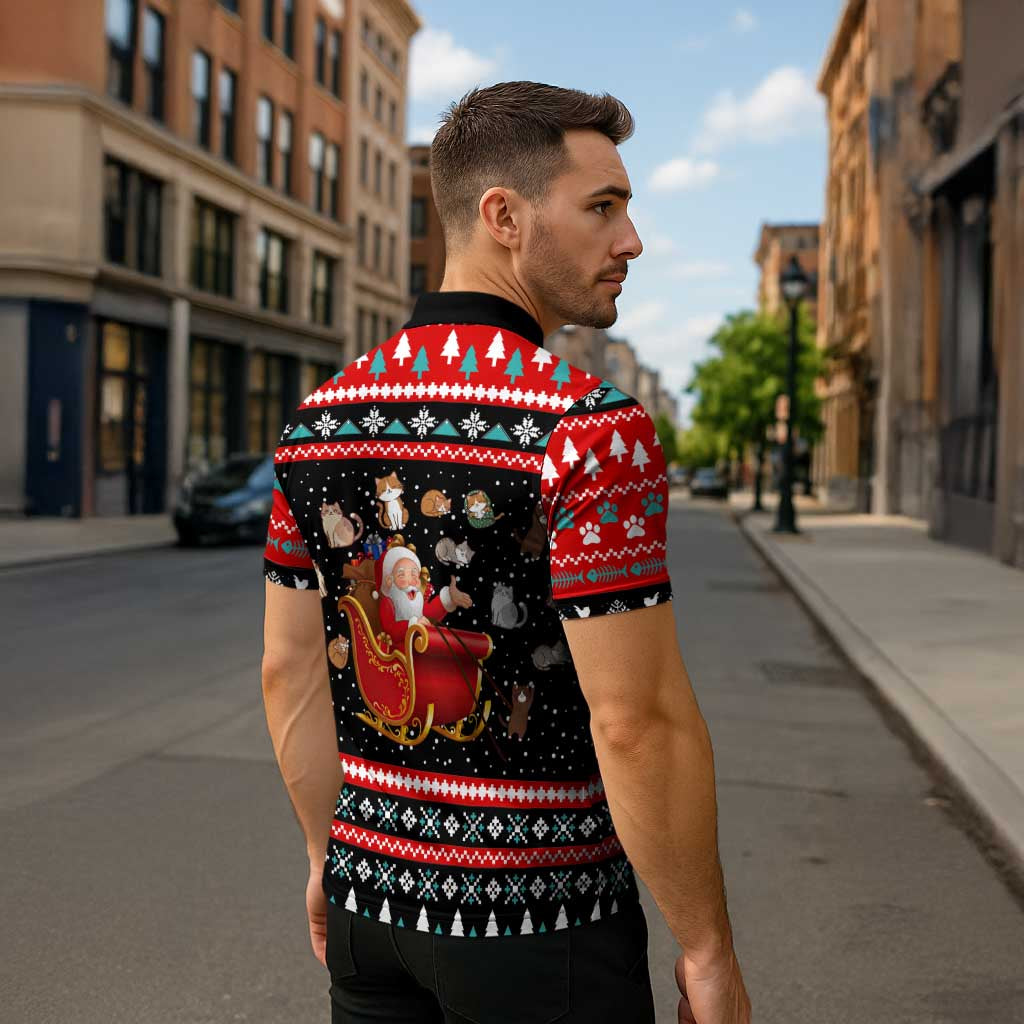 Funny Santa Zipper Polo Shirt with Cats for Everybody Quote and Red Christmas Pattern - Wonder Print Shop