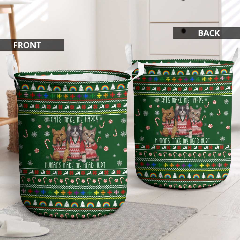 Funny Cats Make Me Happy Humans Make My Head Hurt Quote Laundry Basket with Green Christmas Pattern - Wonder Print Shop