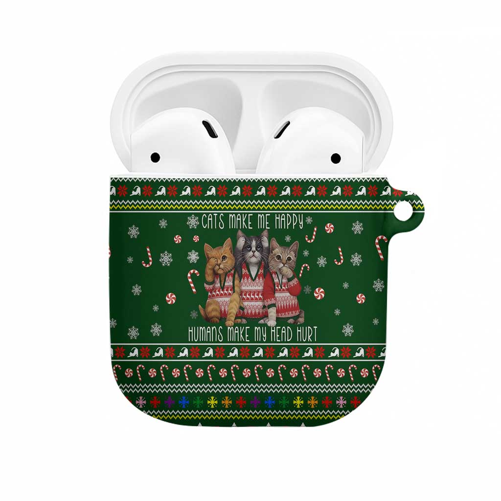Funny Cats Make Me Happy Humans Make My Head Hurt Quote AirPods Case with Green Christmas Pattern - Wonder Print Shop