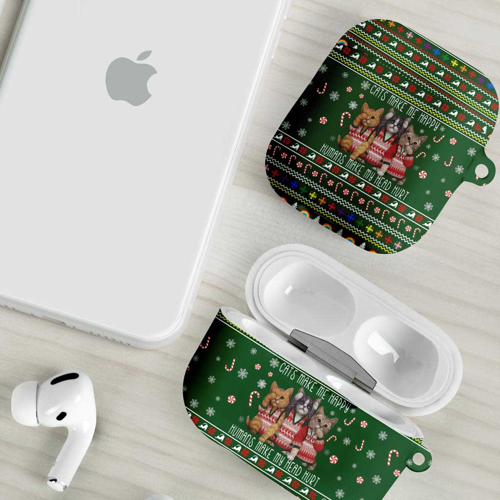Funny Cats Make Me Happy Humans Make My Head Hurt Quote AirPods Case with Green Christmas Pattern - Wonder Print Shop