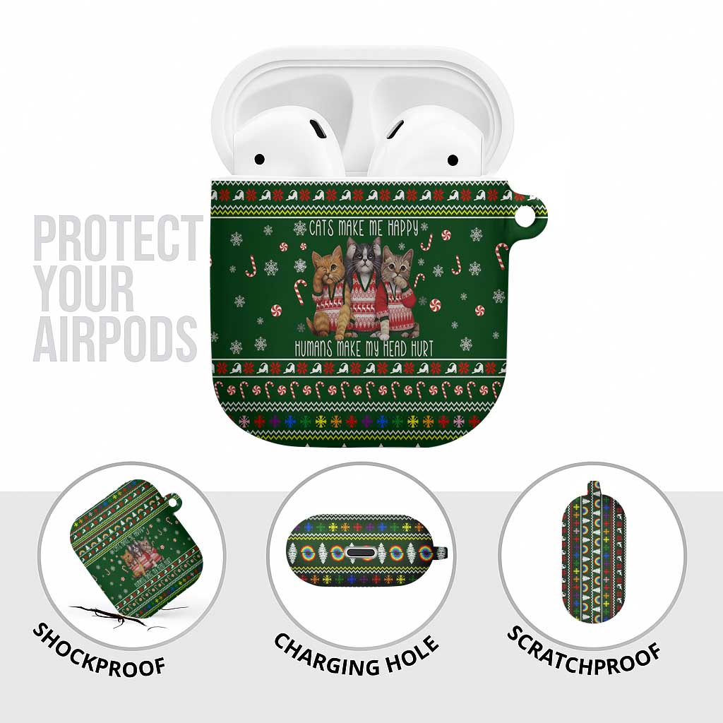 Funny Cats Make Me Happy Humans Make My Head Hurt Quote AirPods Case with Green Christmas Pattern - Wonder Print Shop
