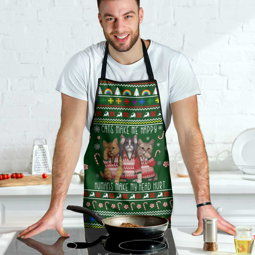 Funny Cats Make Me Happy Humans Make My Head Hurt Quote Apron with Green Christmas Pattern - Wonder Print Shop