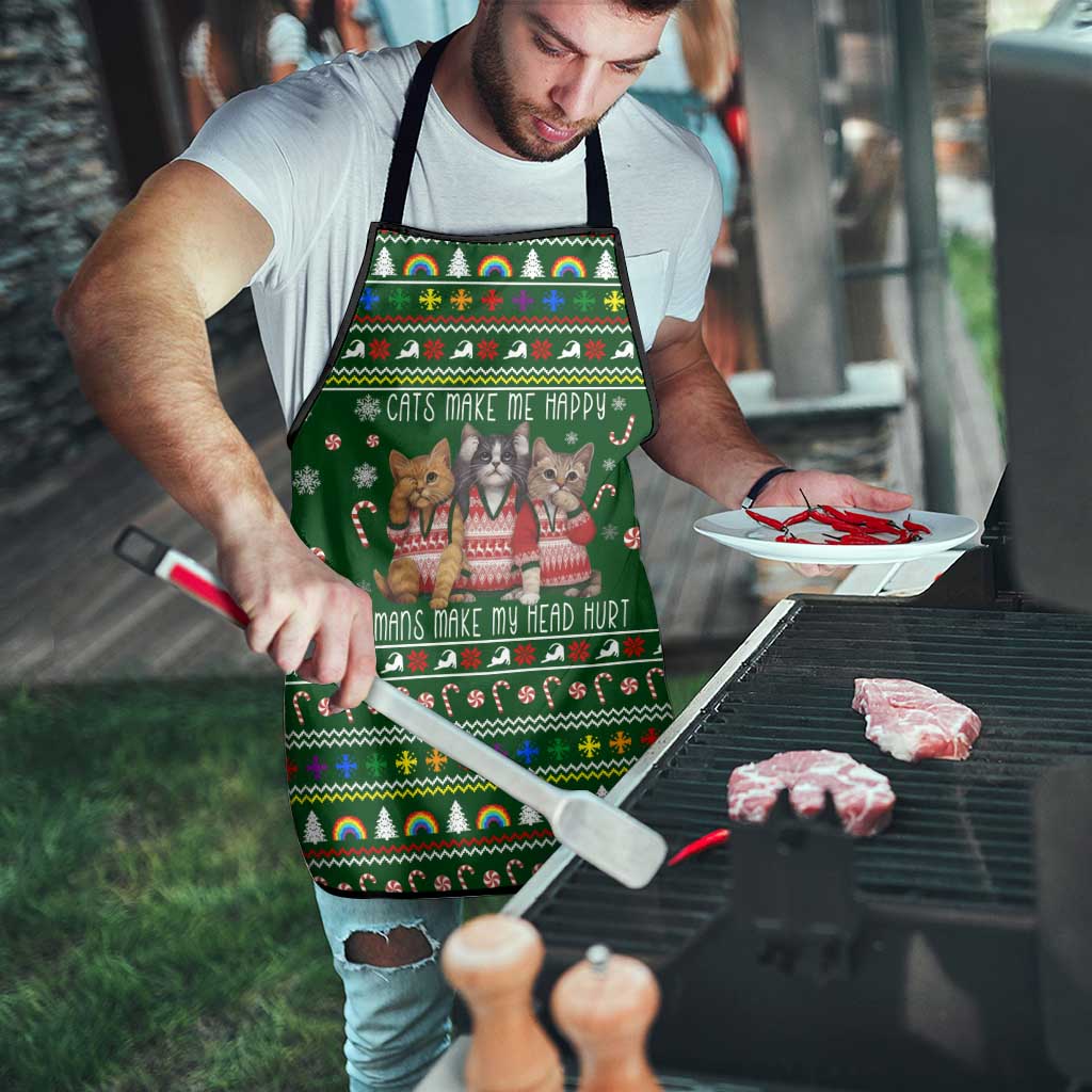 Funny Cats Make Me Happy Humans Make My Head Hurt Quote Apron with Green Christmas Pattern - Wonder Print Shop