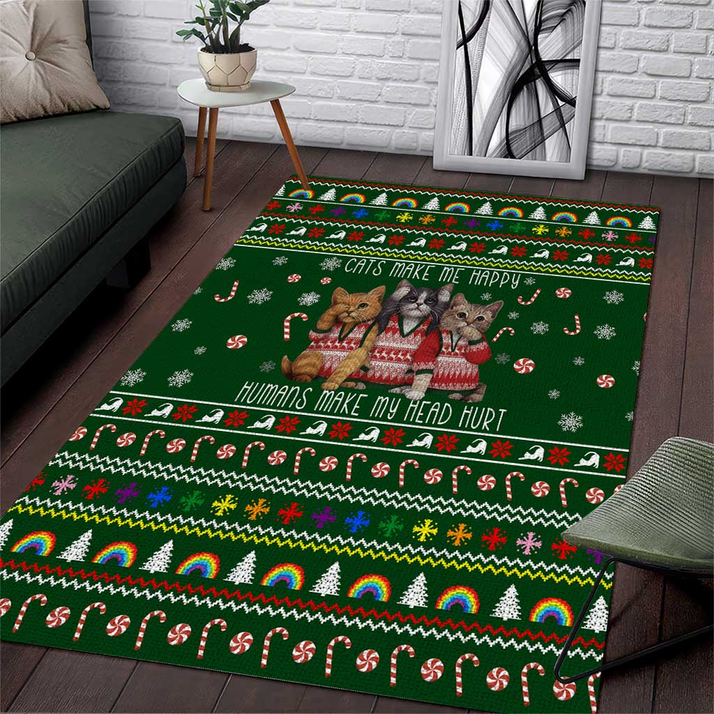 Funny Cats Make Me Happy Humans Make My Head Hurt Quote Area Rug with Green Christmas Pattern - Wonder Print Shop