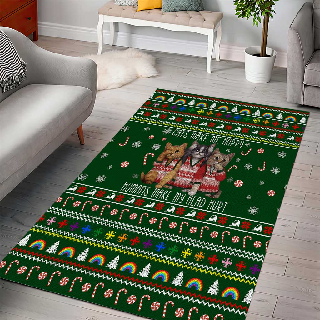Funny Cats Make Me Happy Humans Make My Head Hurt Quote Area Rug with Green Christmas Pattern - Wonder Print Shop