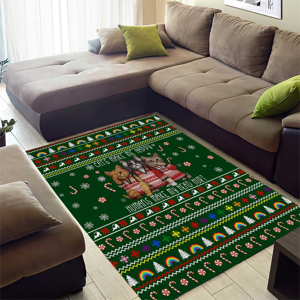Funny Cats Make Me Happy Humans Make My Head Hurt Quote Area Rug with Green Christmas Pattern - Wonder Print Shop