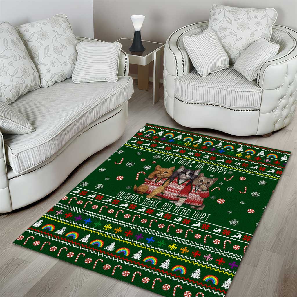Funny Cats Make Me Happy Humans Make My Head Hurt Quote Area Rug with Green Christmas Pattern - Wonder Print Shop