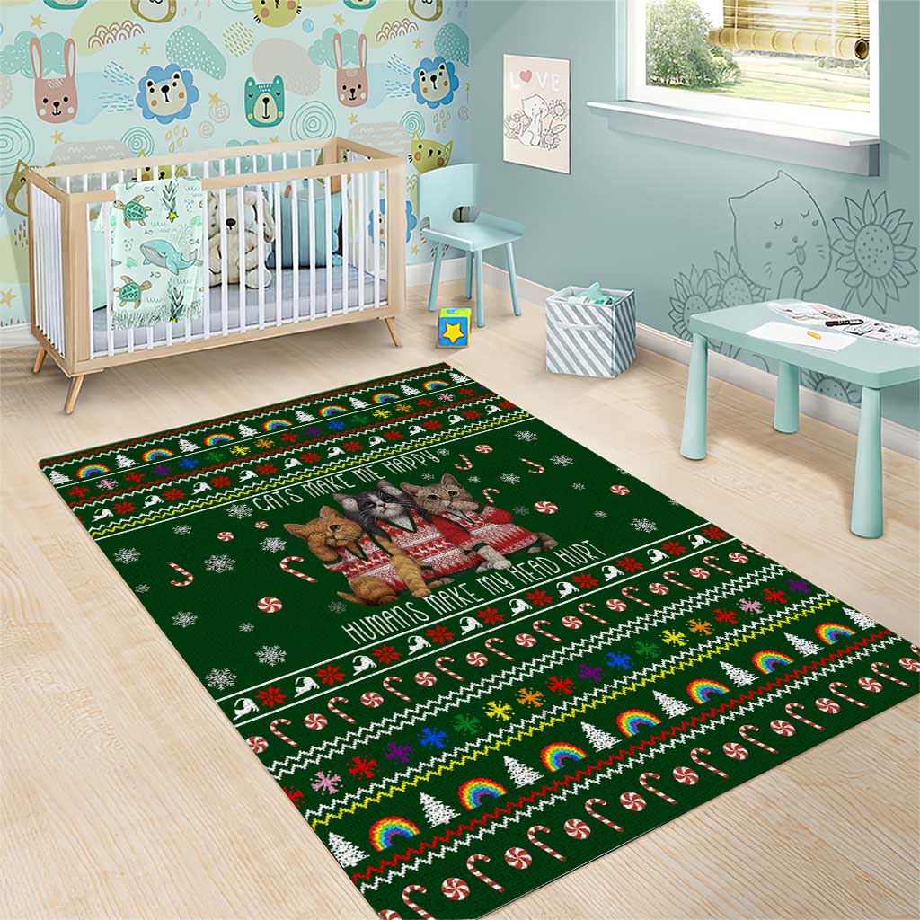 Funny Cats Make Me Happy Humans Make My Head Hurt Quote Area Rug with Green Christmas Pattern - Wonder Print Shop