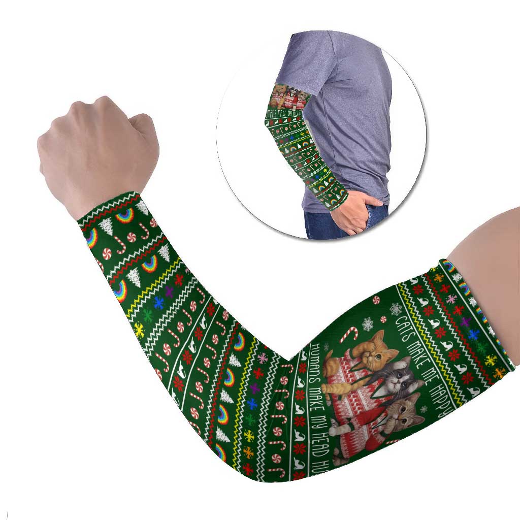 Funny Cats Make Me Happy Humans Make My Head Hurt Quote Arm Sleeves with Green Christmas Pattern - Wonder Print Shop