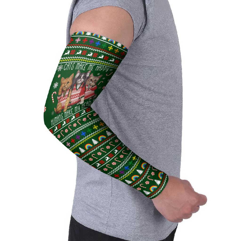 Funny Cats Make Me Happy Humans Make My Head Hurt Quote Arm Sleeves with Green Christmas Pattern - Wonder Print Shop