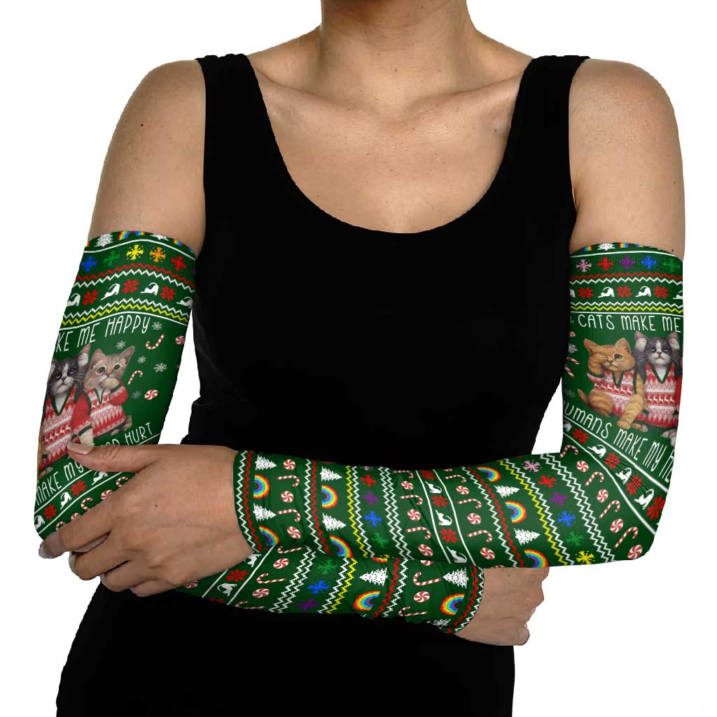 Funny Cats Make Me Happy Humans Make My Head Hurt Quote Arm Sleeves with Green Christmas Pattern - Wonder Print Shop