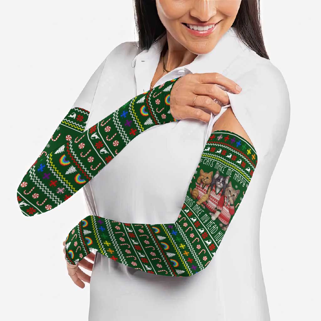 Funny Cats Make Me Happy Humans Make My Head Hurt Quote Arm Sleeves with Green Christmas Pattern - Wonder Print Shop