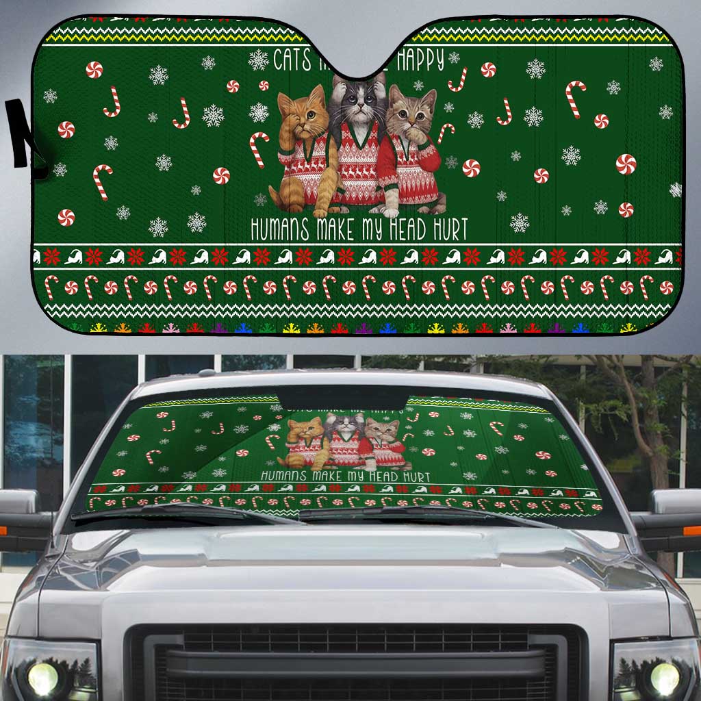 Funny Cats Make Me Happy Humans Make My Head Hurt Quote Auto Sun Shade with Green Christmas Pattern - Wonder Print Shop