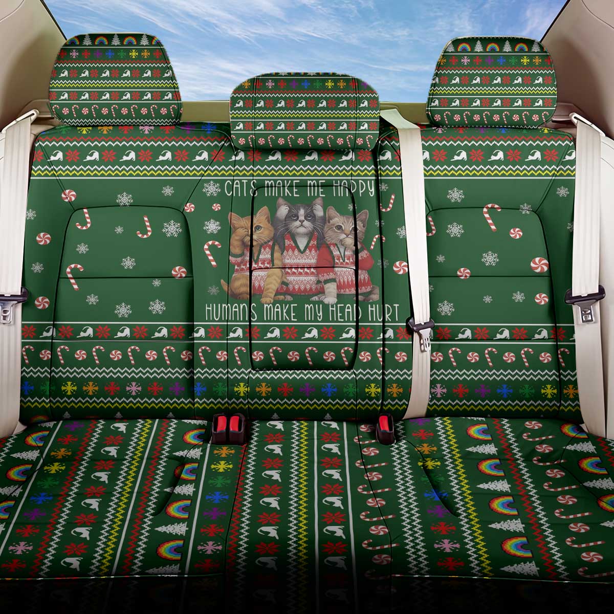 Funny Cats Make Me Happy Humans Make My Head Hurt Quote Back Car Seat Cover with Green Christmas Pattern - Wonder Print Shop