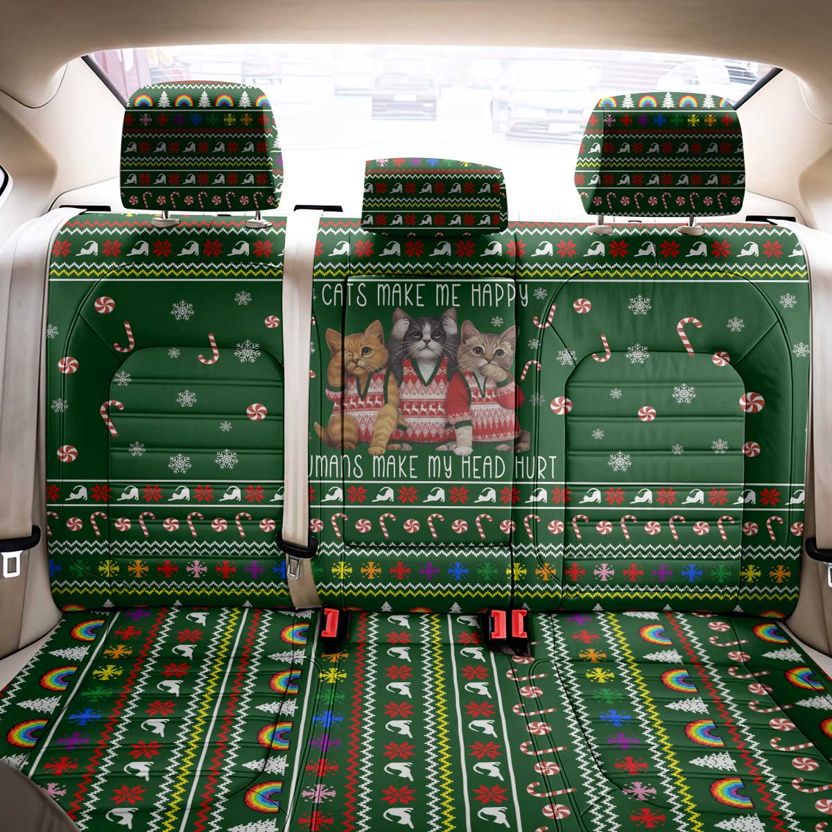 Funny Cats Make Me Happy Humans Make My Head Hurt Quote Back Car Seat Cover with Green Christmas Pattern - Wonder Print Shop