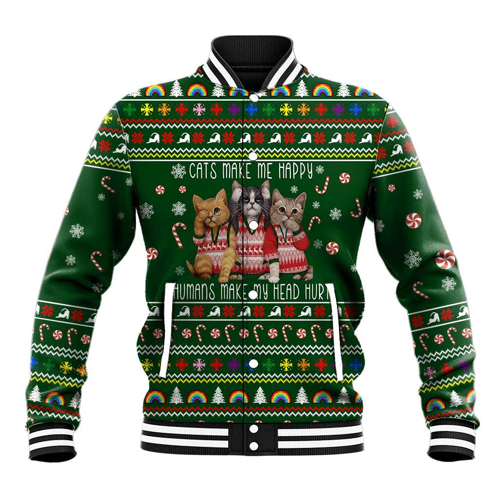Funny Cats Make Me Happy Humans Make My Head Hurt Quote Baseball Jacket with Green Christmas Pattern - Wonder Print Shop