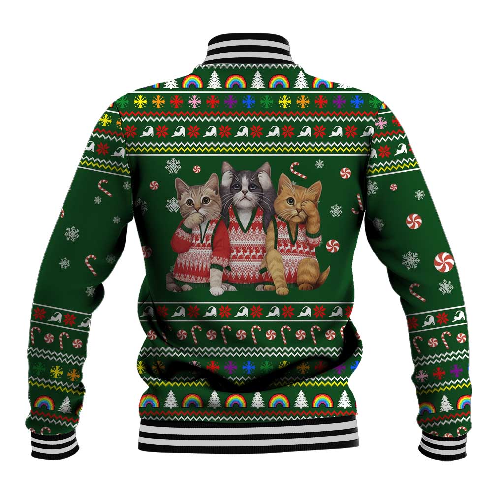 Funny Cats Make Me Happy Humans Make My Head Hurt Quote Baseball Jacket with Green Christmas Pattern - Wonder Print Shop