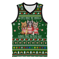 Funny Cats Make Me Happy Humans Make My Head Hurt Quote Basketball Jersey with Green Christmas Pattern - Wonder Print Shop