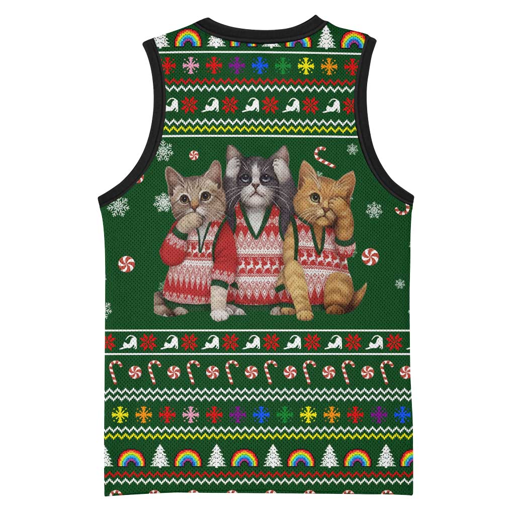 Funny Cats Make Me Happy Humans Make My Head Hurt Quote Basketball Jersey with Green Christmas Pattern - Wonder Print Shop