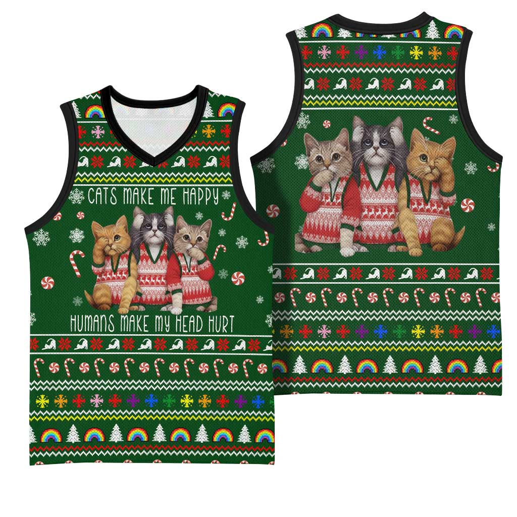 Funny Cats Make Me Happy Humans Make My Head Hurt Quote Basketball Jersey with Green Christmas Pattern - Wonder Print Shop