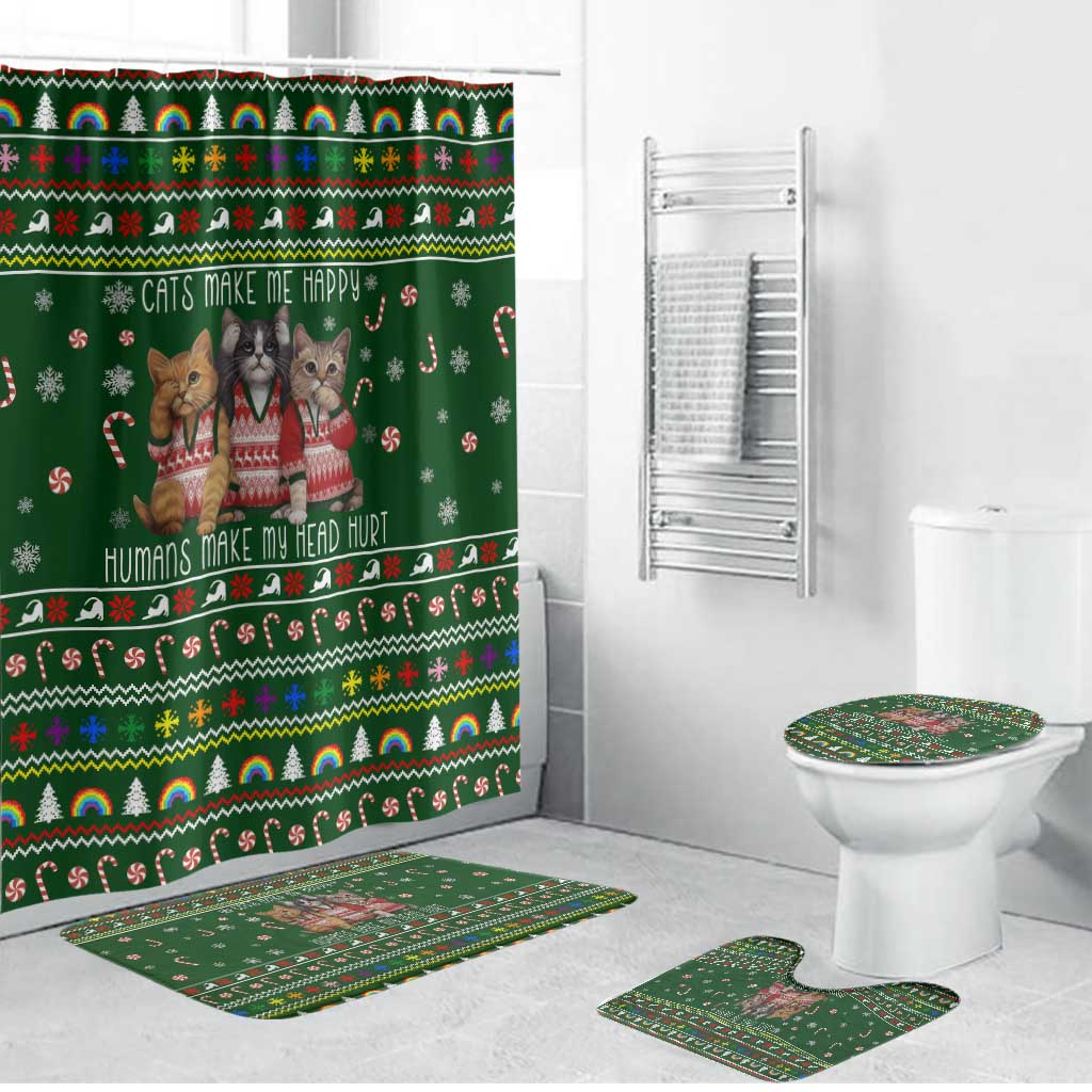 Funny Cats Make Me Happy Humans Make My Head Hurt Quote Bathroom Set with Green Christmas Pattern - Wonder Print Shop