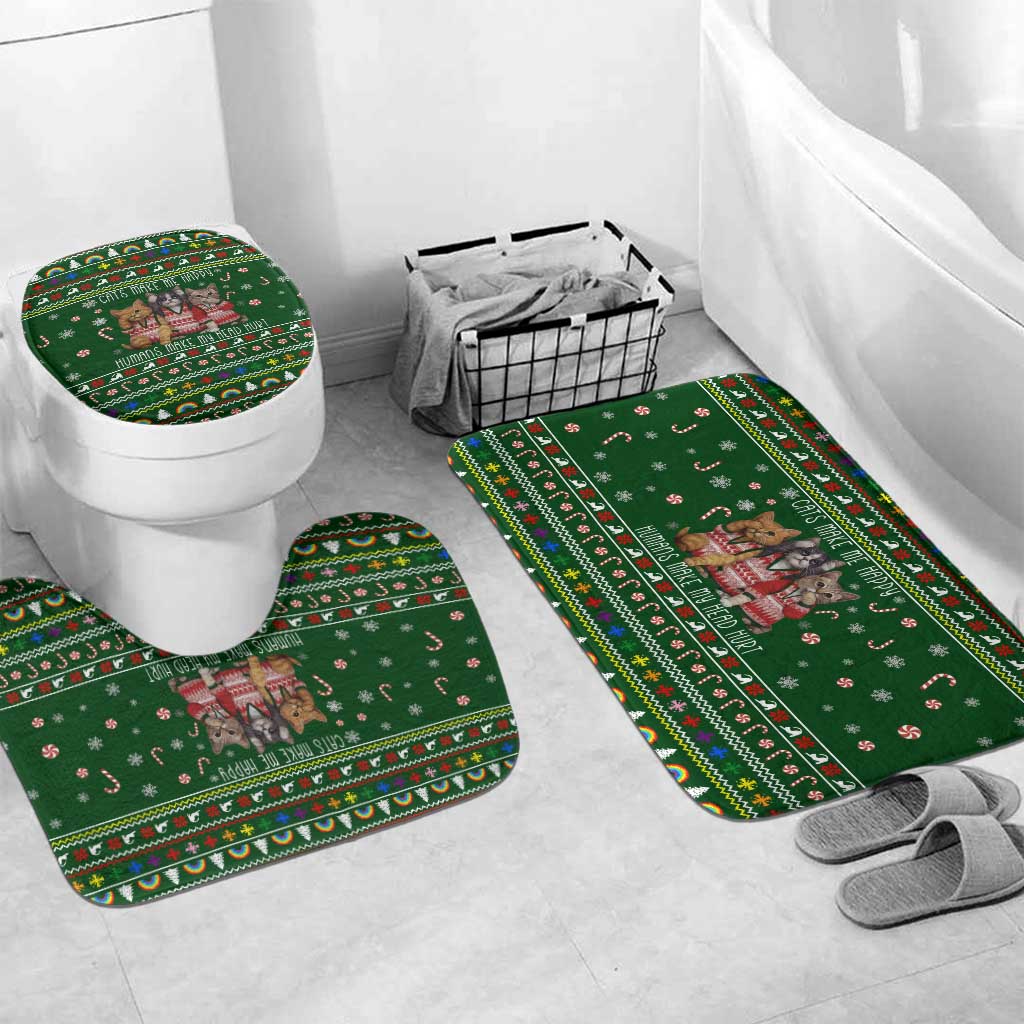 Funny Cats Make Me Happy Humans Make My Head Hurt Quote Bathroom Set with Green Christmas Pattern - Wonder Print Shop