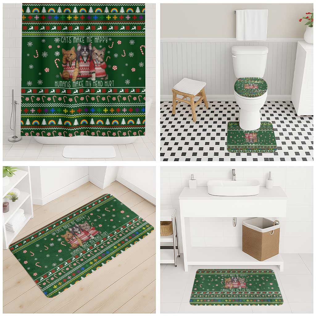 Funny Cats Make Me Happy Humans Make My Head Hurt Quote Bathroom Set with Green Christmas Pattern - Wonder Print Shop