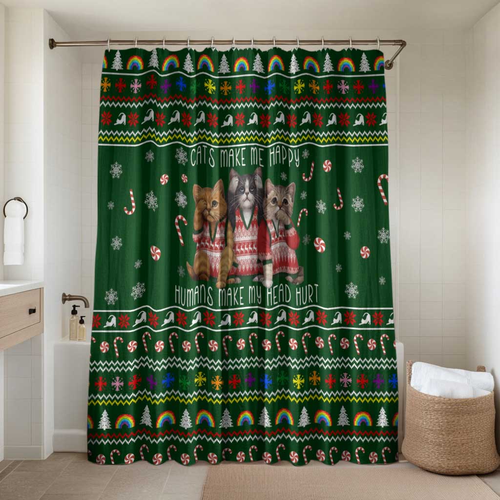 Funny Cats Make Me Happy Humans Make My Head Hurt Quote Bathroom Set with Green Christmas Pattern - Wonder Print Shop