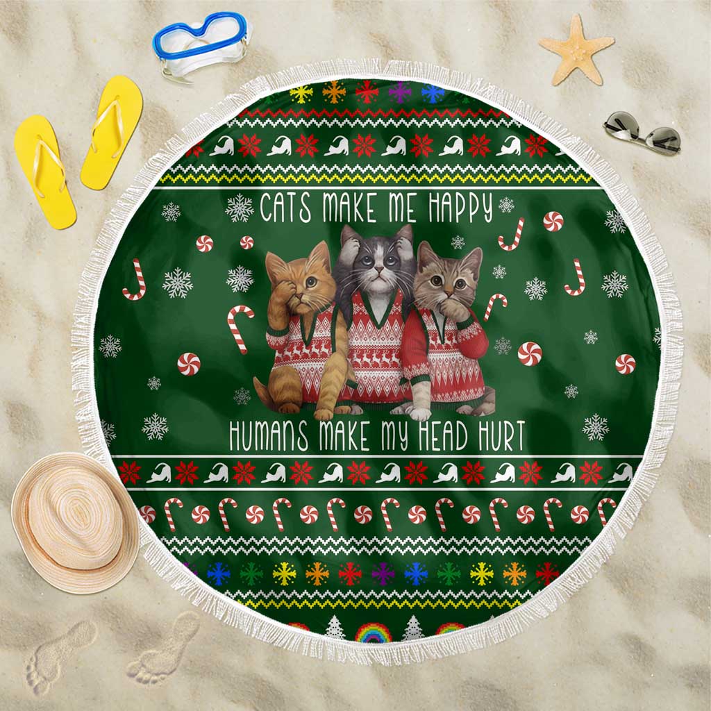 Funny Cats Make Me Happy Humans Make My Head Hurt Quote Beach Blanket with Green Christmas Pattern - Wonder Print Shop