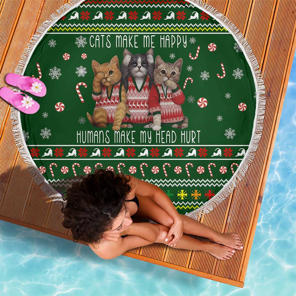 Funny Cats Make Me Happy Humans Make My Head Hurt Quote Beach Blanket with Green Christmas Pattern - Wonder Print Shop