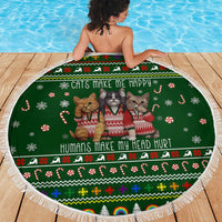 Funny Cats Make Me Happy Humans Make My Head Hurt Quote Beach Blanket with Green Christmas Pattern - Wonder Print Shop