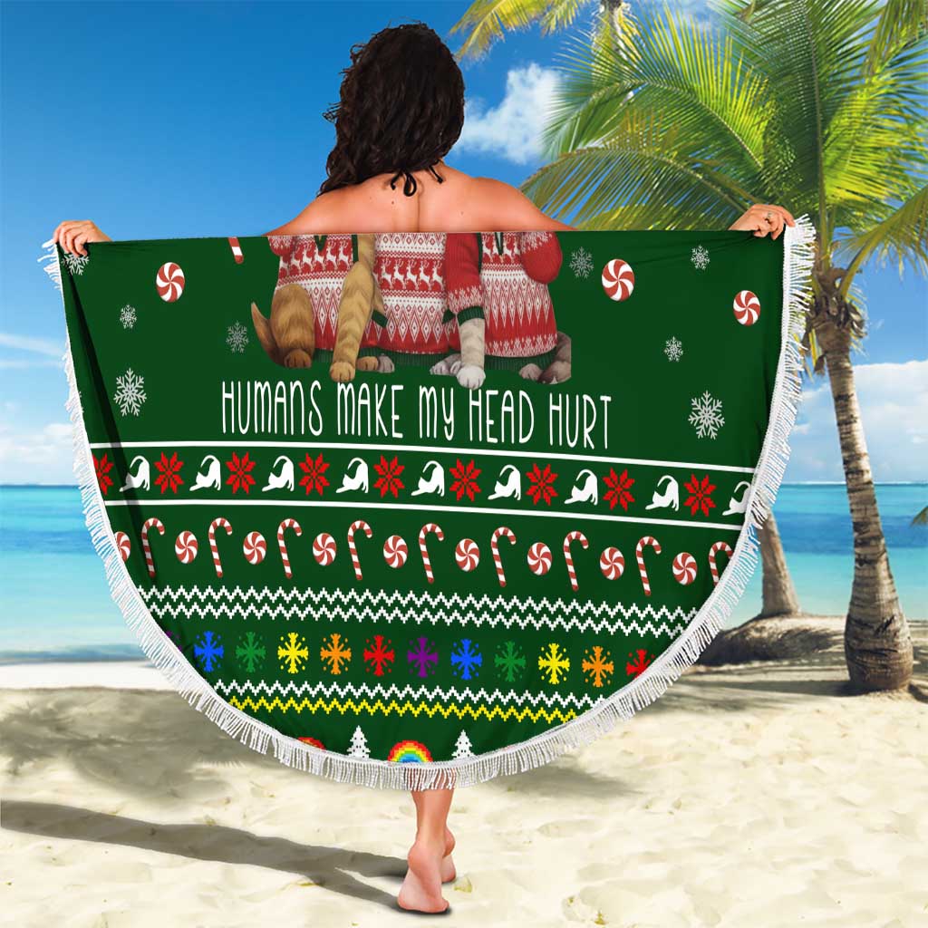 Funny Cats Make Me Happy Humans Make My Head Hurt Quote Beach Blanket with Green Christmas Pattern - Wonder Print Shop
