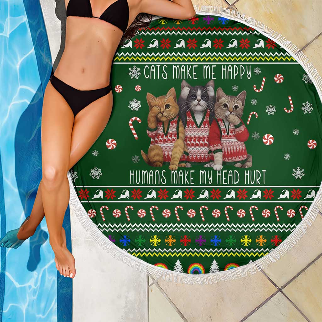 Funny Cats Make Me Happy Humans Make My Head Hurt Quote Beach Blanket with Green Christmas Pattern - Wonder Print Shop