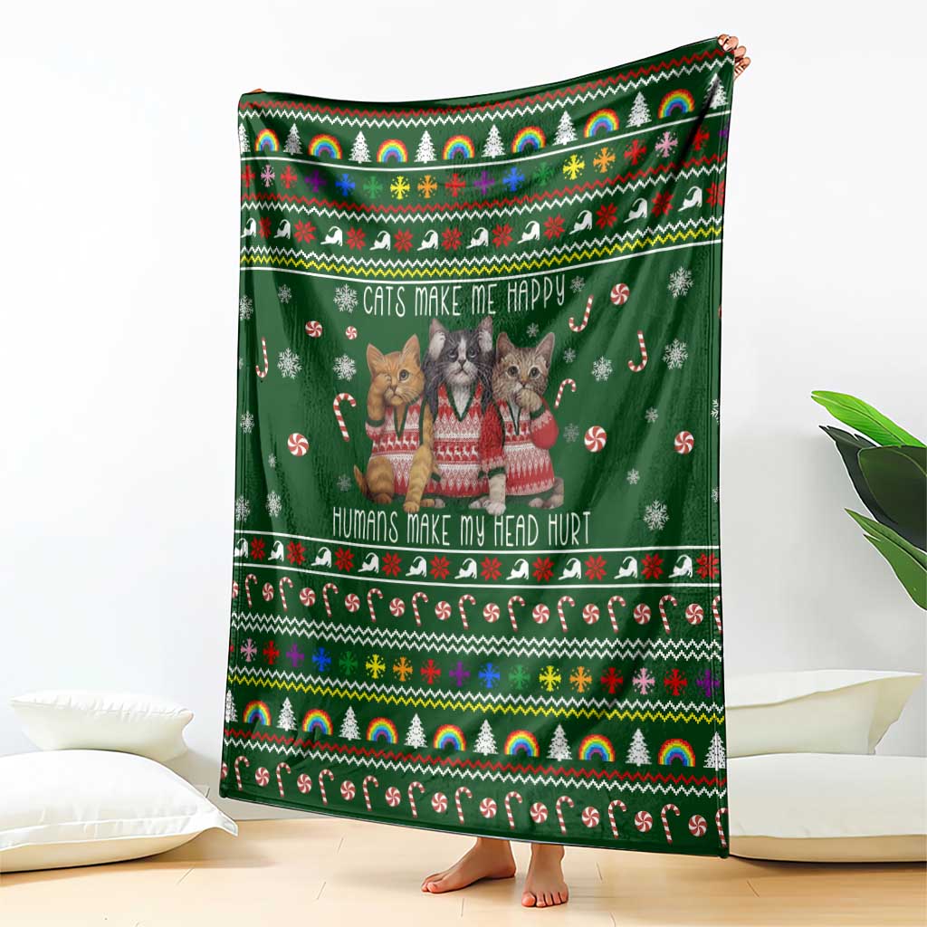 Funny Cats Make Me Happy Humans Make My Head Hurt Quote Blanket with Green Christmas Pattern - Wonder Print Shop