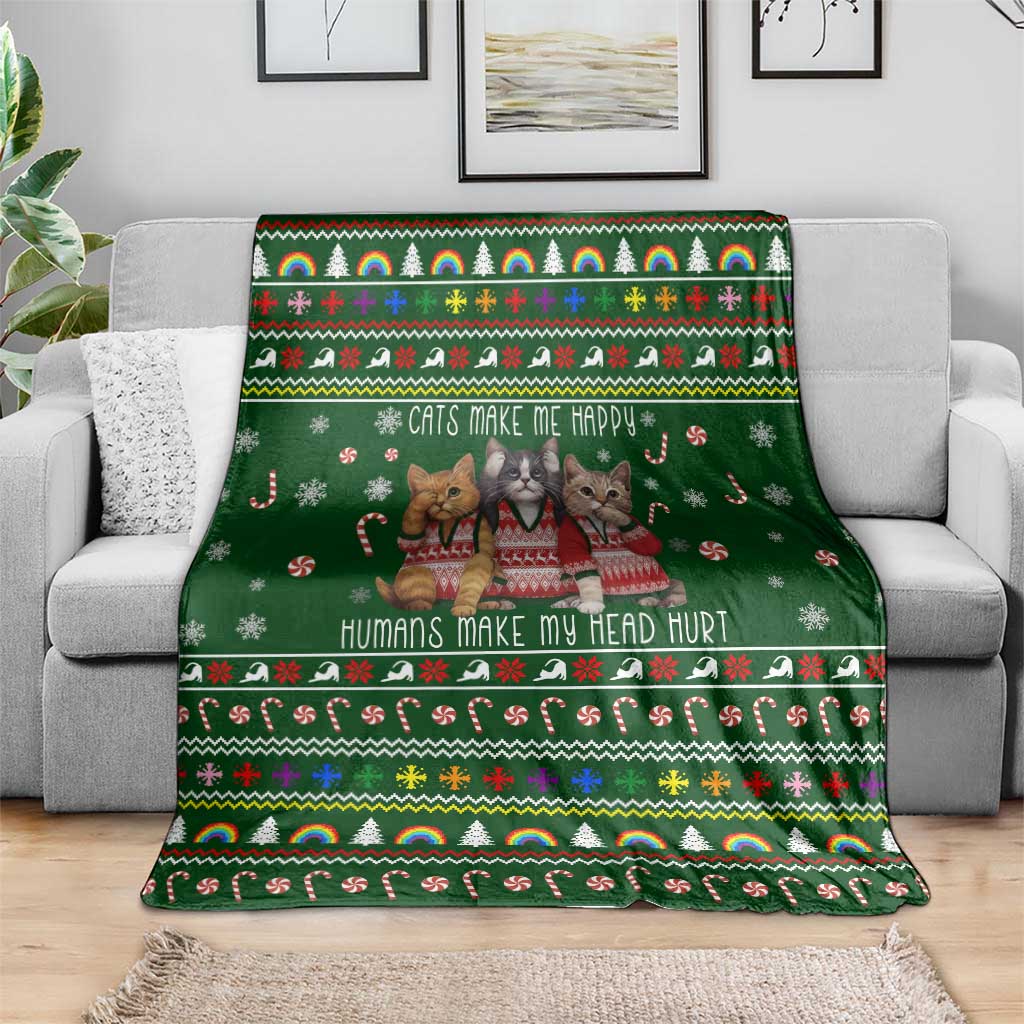 Funny Cats Make Me Happy Humans Make My Head Hurt Quote Blanket with Green Christmas Pattern - Wonder Print Shop