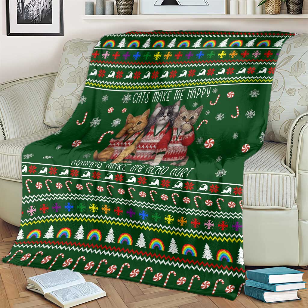 Funny Cats Make Me Happy Humans Make My Head Hurt Quote Blanket with Green Christmas Pattern - Wonder Print Shop