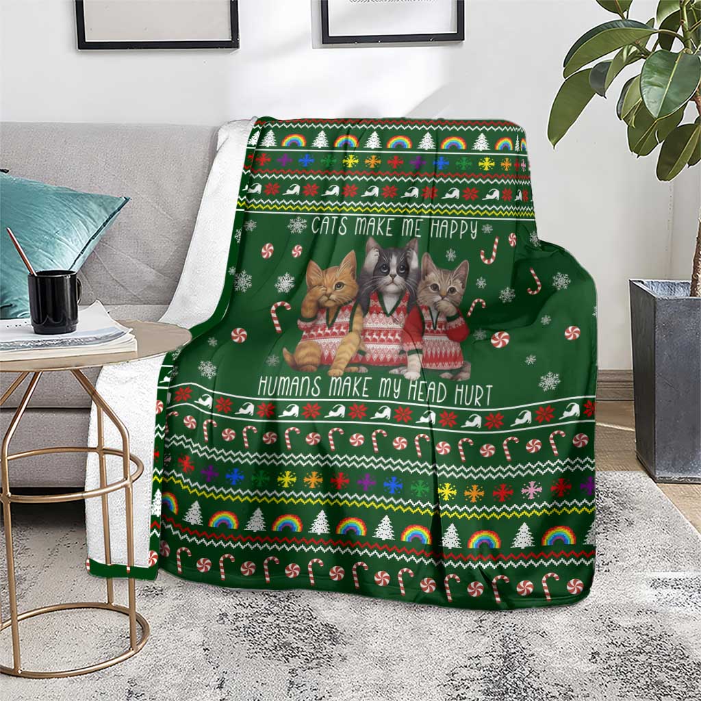 Funny Cats Make Me Happy Humans Make My Head Hurt Quote Blanket with Green Christmas Pattern - Wonder Print Shop
