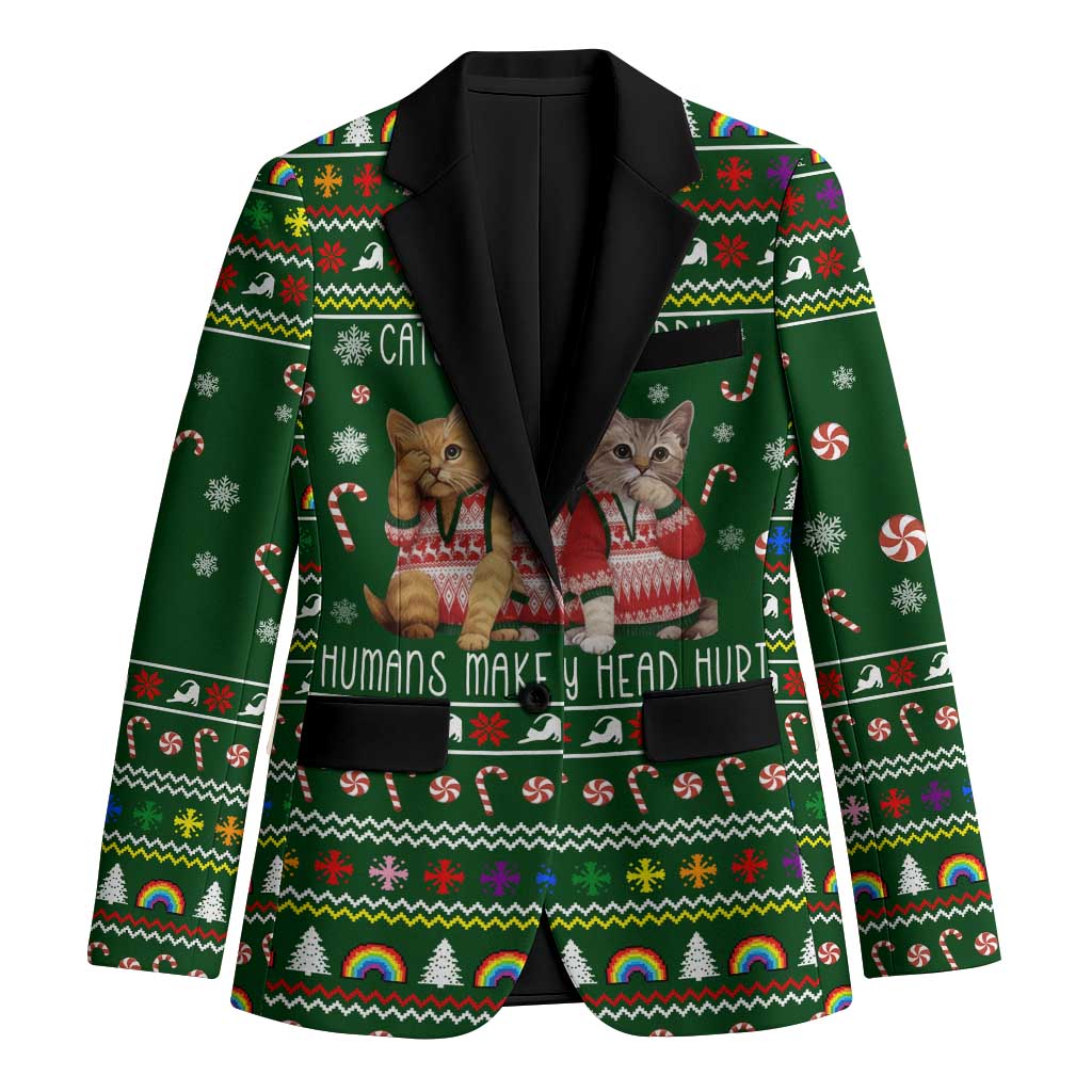 Funny Cats Make Me Happy Humans Make My Head Hurt Quote Blazer with Green Christmas Pattern - Wonder Print Shop