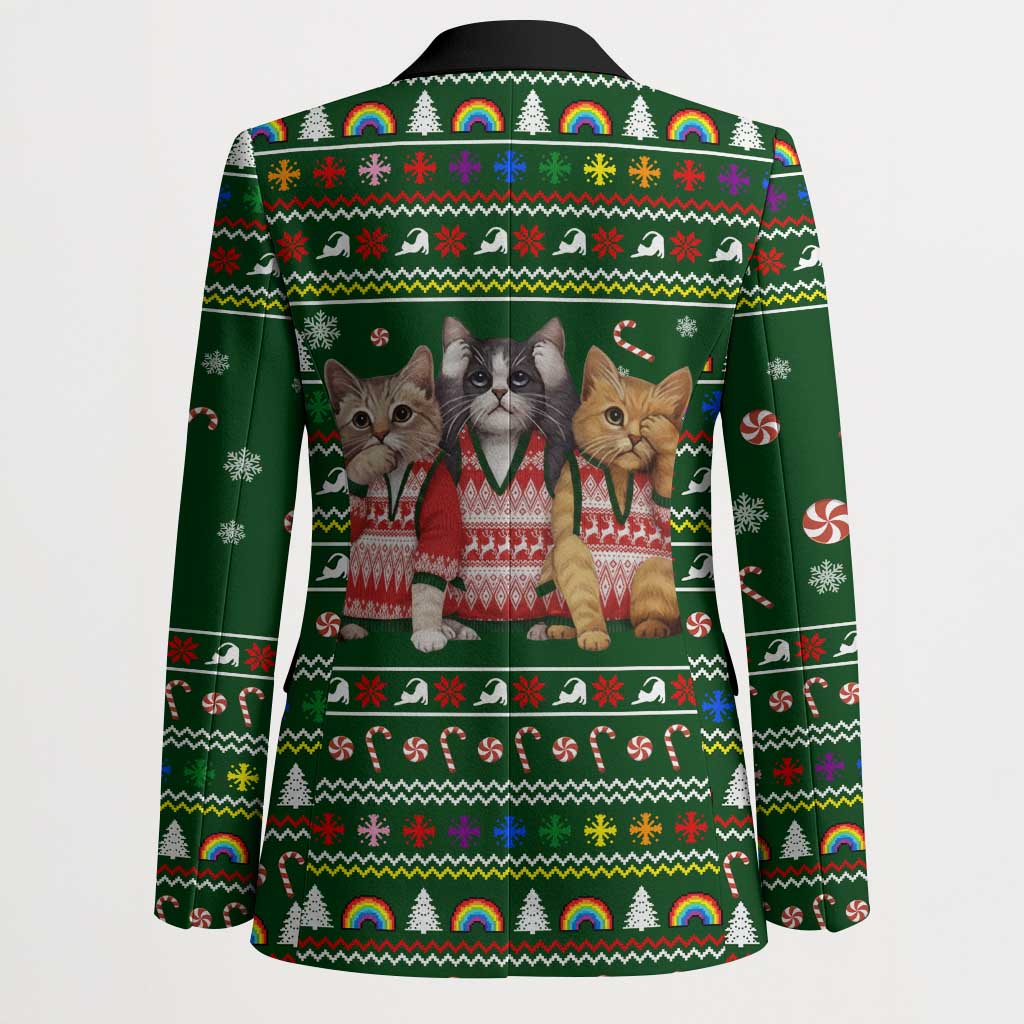 Funny Cats Make Me Happy Humans Make My Head Hurt Quote Blazer with Green Christmas Pattern - Wonder Print Shop