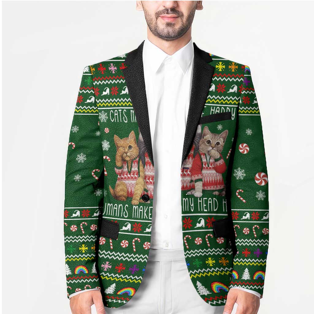 Funny Cats Make Me Happy Humans Make My Head Hurt Quote Blazer with Green Christmas Pattern - Wonder Print Shop