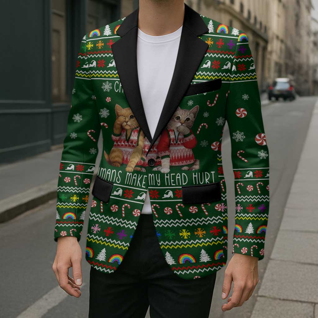 Funny Cats Make Me Happy Humans Make My Head Hurt Quote Blazer with Green Christmas Pattern - Wonder Print Shop