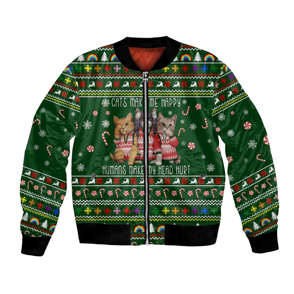Funny Cats Make Me Happy Humans Make My Head Hurt Quote Bomber Jacket with Green Christmas Pattern - Wonder Print Shop