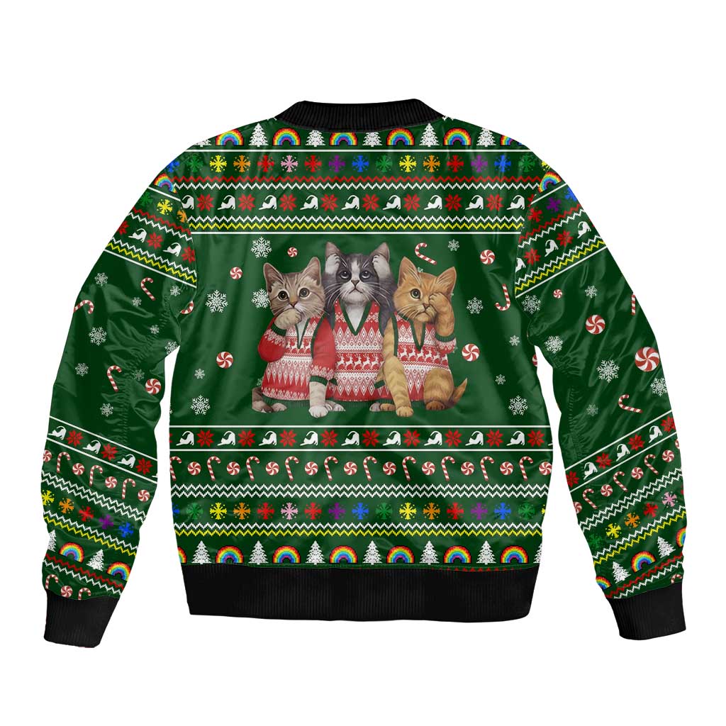 Funny Cats Make Me Happy Humans Make My Head Hurt Quote Bomber Jacket with Green Christmas Pattern - Wonder Print Shop