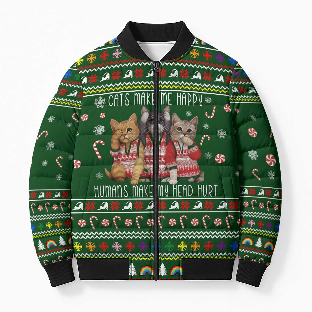 Funny Cats Make Me Happy Humans Make My Head Hurt Quote Bomber Puffer Jacket with Green Christmas Pattern - Wonder Print Shop