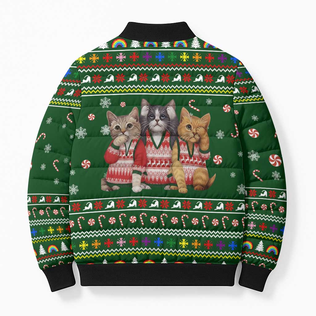Funny Cats Make Me Happy Humans Make My Head Hurt Quote Bomber Puffer Jacket with Green Christmas Pattern - Wonder Print Shop