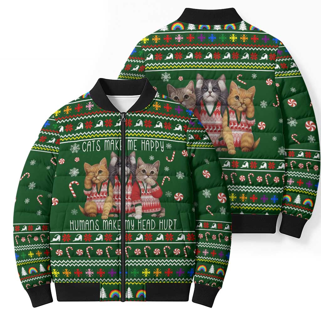 Funny Cats Make Me Happy Humans Make My Head Hurt Quote Bomber Puffer Jacket with Green Christmas Pattern - Wonder Print Shop